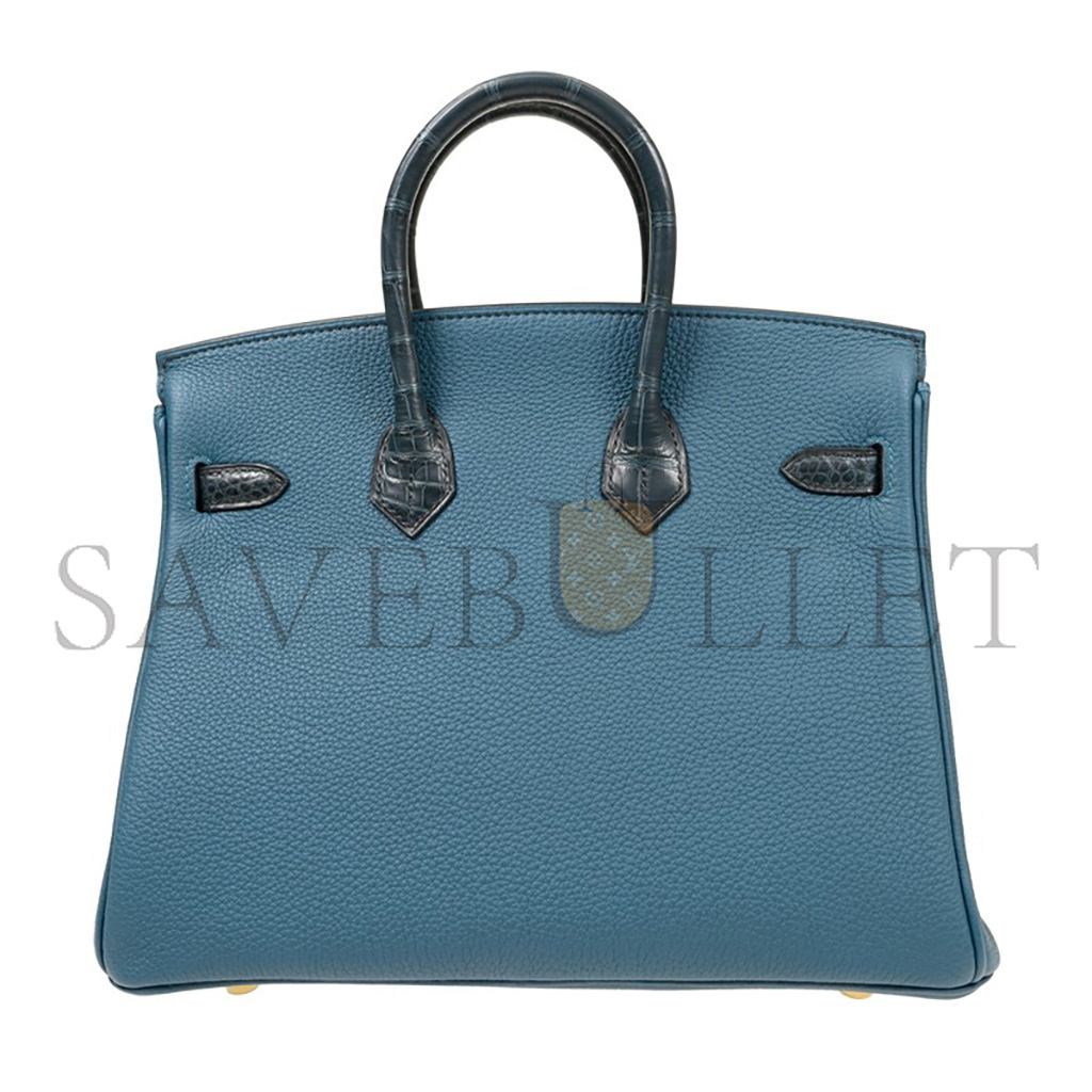 HERMÈS MASTER BIRKIN 25 CROCODILE AND TOGO LEATHER STORM BLUE GOLD BUCKLE H076216CK35 (25*20*13cm)